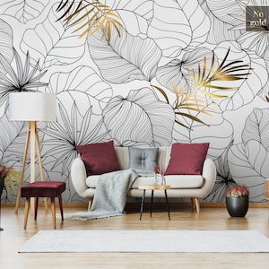 Carta da parati tropicale in bianco e nero, carta da parati rimovibile autoadesiva, stampa a foglie, carta da parati a buccia e bastone, decorazione murale botanica