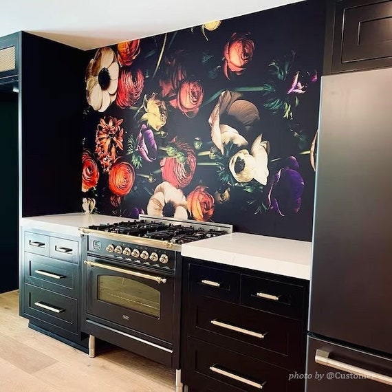 Dark floral wallpaper mural, peel and stick wall mural, floral wall print, temporary removable wallpaper, home decor