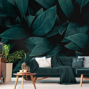 Schwarz grüne Blätter Wand Wandbild, selbstklebende abnehmbare Tapete, tropische Blätter Druck, Peel and Stick Tapete, Wand Deko