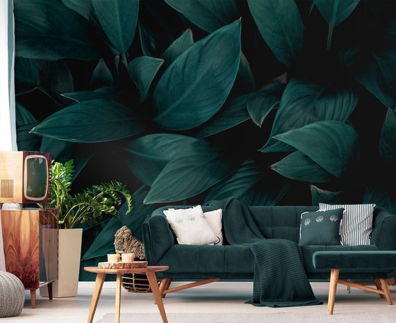 Black Green Leaves Wall Mural Self Adhesive Removable - Etsy