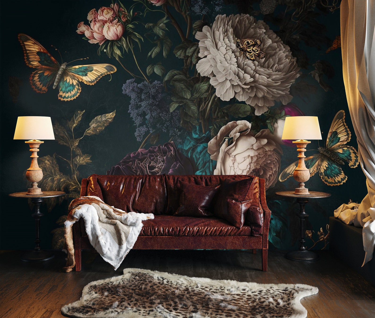 Dark Vintage Wallpaper, Flowers and Butterflies Wall Mural, Self ...
