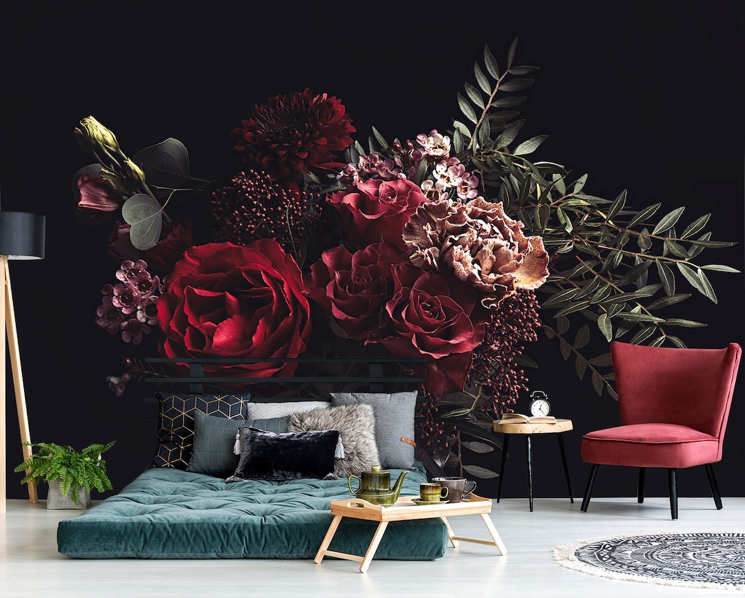 Red Flowers Wall Mural, Self Adhesive Dark Floral Wallpaper, Peel and