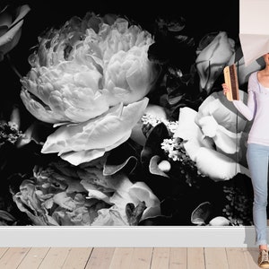 Peony flower wallpaper, self adhesive wall decor, black and white floral clipart, floral art dark mural image 5