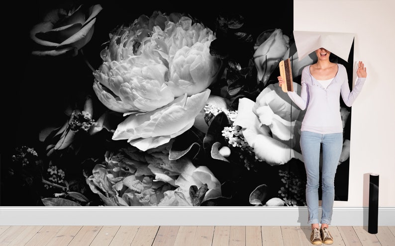 Peony flower wallpaper, self adhesive wall decor, black and white floral clipart, floral art dark mural image 5