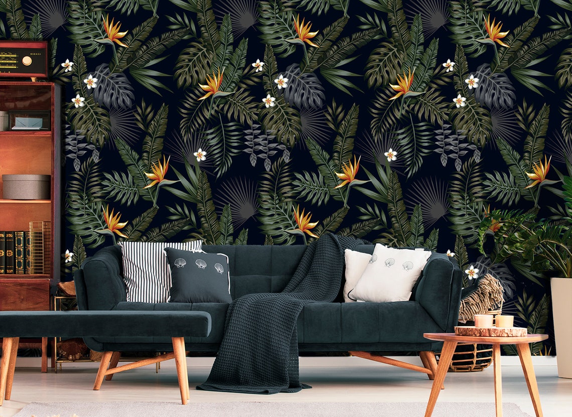 Dark Jungle Wallpaper Peel and Stick Wall Mural With Tropical Etsy