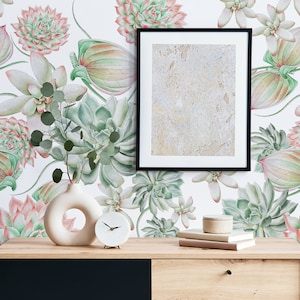 Green succulents watercolor wallpaper, tropical plant wall mural, self adhesive, peel and stick, removable or traditional, vinyl wallpaper