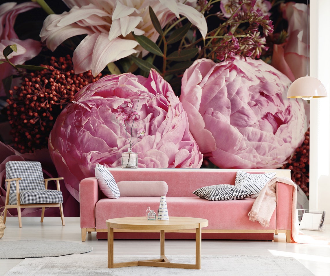Pink Peonies Wall Mural, Peel and Stick Wallpaper, Floral Wall Art ...