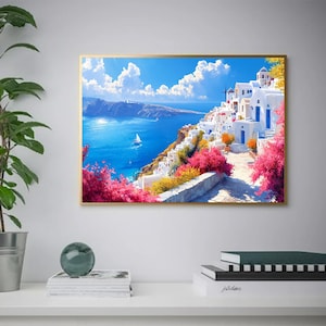 Santorini Digital Download – Greek Island Coastal Digital Art, Mediterranean Seaside Print, Blue & White Landscape Decor, Instant Art