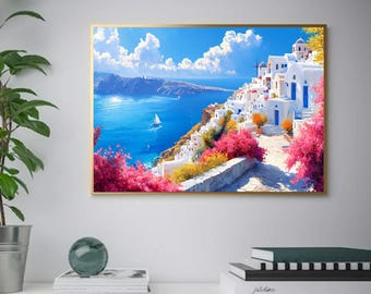 Santorini Coastal Art Print – Greek Island Seaside View (Digital Download)
