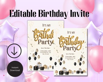 Editable Birthday Party Invitation, Elegant Celebration (Digital Download)