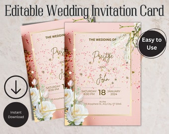 Pink Floral Wedding Invitation, Editable Template (PDF)