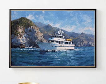 Luxury Yacht Seascape Painting | Nautical Coastal Art (Digital Download)