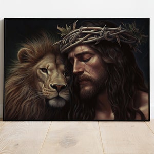 Impressão artística de Jesus e o Leão | Fé em Deus - Decoração Cristã para Casa (Download Digital)