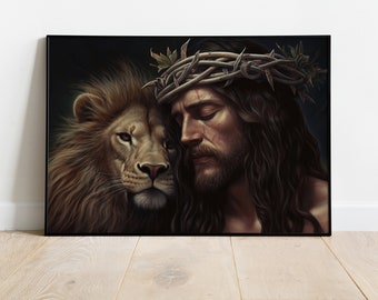 Jesus and Lion Art Print | Faith God Christian Home Decor (Digital Download)