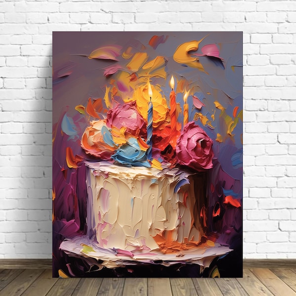 Art de gâteau d'anniversaire || Peinture à l'huile || Décoration murale nourriture || Art imprimable || Décoration de cuisine || Art culinaire || Poster de desserts, impression numérique, célébration