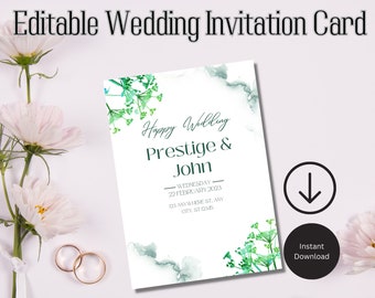 Green Watercolor Wedding Invitation, Editable Canva Template (Digital Download)