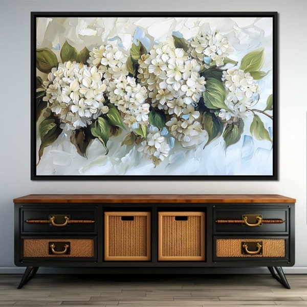 White Hydrangeas Wall Art, Still Life Canvas, Spring Flowers, Rustic Farmhouse Poster, Neutral Artwork, Cottage Decor, Digital Download