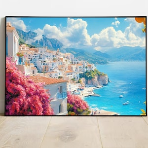 Coastal Amalfi Dream art, Digital Download – Vibrant Mediterranean Seaside Art Print, Europe Wall Decor