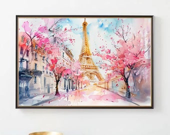 Eiffel Tower Watercolor Print | Paris Cherry Blossoms (Digital Download)