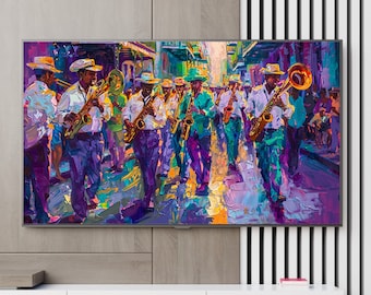 May include: A colorful painting of a street scene with a group of musicians playing saxophones and trumpets. The musicians are wearing hats and are dressed in colorful clothing. The painting is done in a vibrant style with thick brushstrokes.