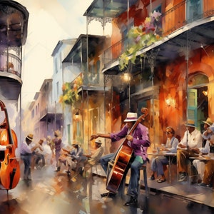 Op de afbeelding: Een aquarel schilderij van een straatbeeld met muzikanten die contrabassen bespelen. De muzikanten dragen hoeden en staan voor een gebouw met balkons. Mensen zitten aan tafels buiten het gebouw en genieten van de muziek.