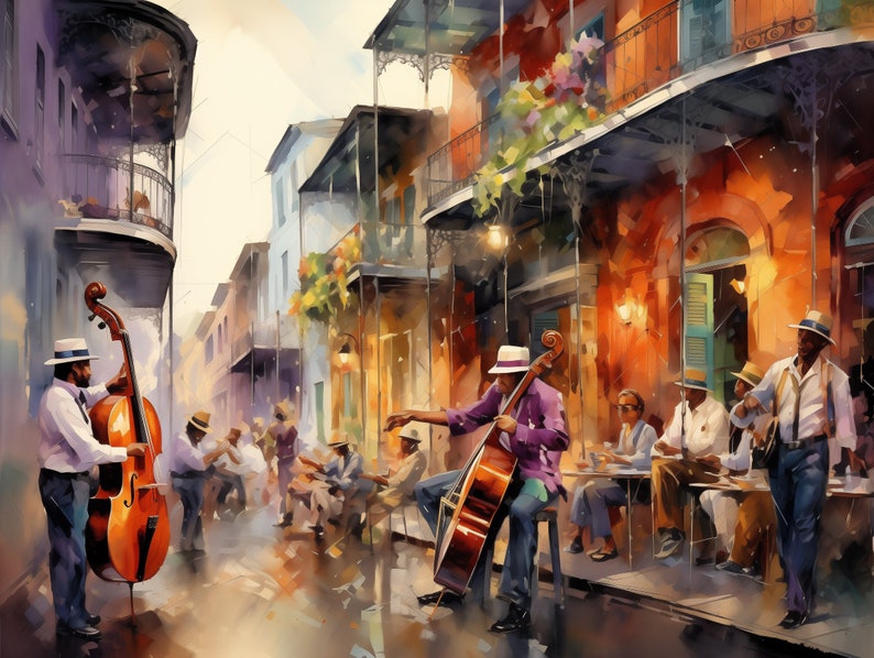 Op de afbeelding: Een aquarel schilderij van een straatbeeld met muzikanten die contrabassen bespelen. De muzikanten dragen hoeden en staan voor een gebouw met balkons. Mensen zitten aan tafels buiten het gebouw en genieten van de muziek.