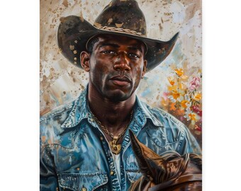 Lámina artística de pintura al óleo de vaquero negro, decoración del oeste rodeo (descarga digital)