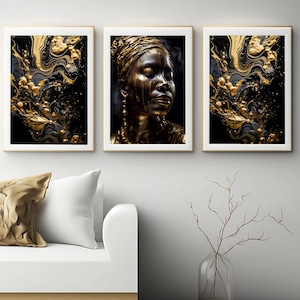 3 piece set Golden Abstract African Goddess, INSTANT DOWNLOAD, Digital Wall Art Print, Printable Gold, Afro Futurism, Ethnic Portrait