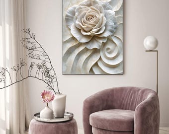 3D White Rose Print | Textured Floral Marble Art (Digital Download)