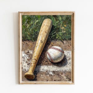 Baseball Wall Art Digital Download | Rustic Sports Print | Vintage Baseball and Bat Painting | Instant Sports Decor for Boys Room