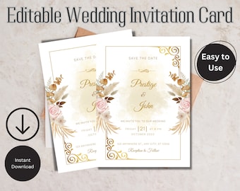 Golden Floral Wedding Invitation Card, Editable PDF (Digital Download)