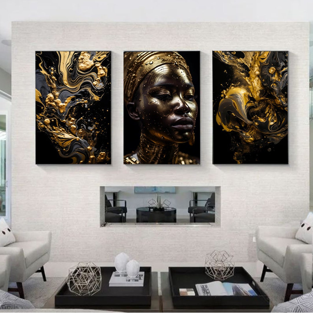 Black Gold African Woman Art Print Set, Abstract Oil Painting (digital ...