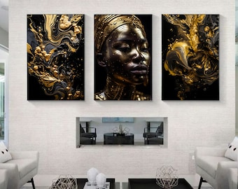 Black Gold African Woman Art Print Set, Abstract Oil Painting (Digital Download)