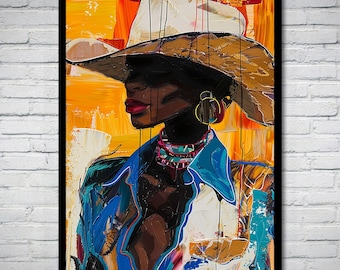 Black Cowgirl Art Print, Western Oil Painting Style (Digital Download)