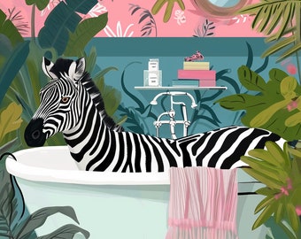 Zebra in Bathtub Print, Tropical Bathroom Animal Art (Digital Download)