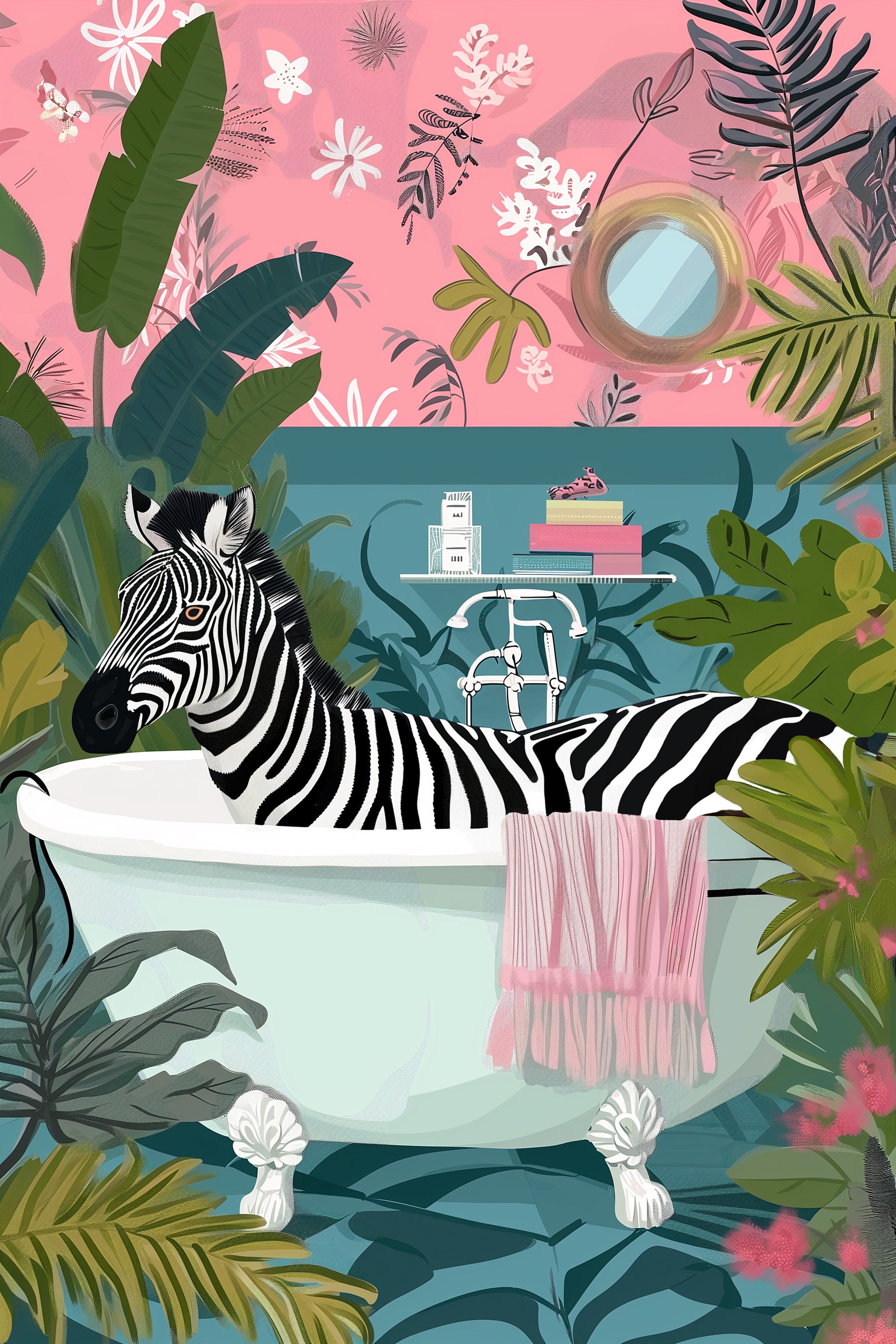 Zebra in Bathtub Botanical Animal Print, Maximalist Animal in Bath Wall ...