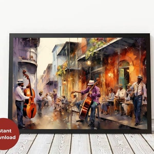 Op de afbeelding: Een aquarel schilderij van een straatbeeld in New Orleans met muzikanten die jazzmuziek spelen. De muzikanten zijn gekleed in kleurrijke kleding en spelen instrumenten zoals een contrabas en een trompet. De straat is omzoomd met gebouwen en er zitten mensen aan tafels buiten een caf&eacute;.