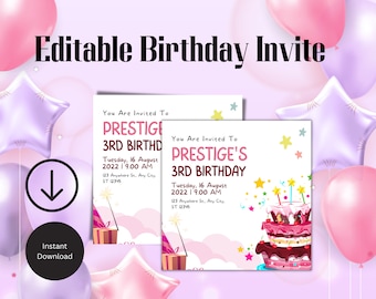 Colorful Birthday Party Invitation, Editable Template (Digital Download)