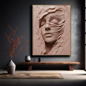 3D Face Sculpture Plaster Print, Pink Textured Face Wall Art, Unique Abstract Plaster Painting, Living Room Canvas, Midcentury Modern Decor