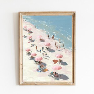 Pink Umbrella Beach Print | Aerial Pastel Seaside Decor (Digital Download)