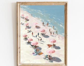 Pink Umbrella Beach Print | Aerial Pastel Seaside Decor (Digital Download)