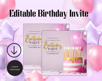 Pink and Gold Birthday Invitation, Editable Template (Digital Download)