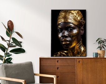 Black Woman Gold Foil Art Print, African Goddess Portrait (Digital Download)