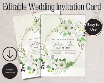 Floral Greenery Wedding Invitation, Editable Template (PDF)