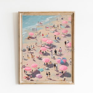 Whimsical Beach Scene Art Print – Retro Pink Umbrellas (Digital Download)