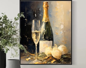 Vintage Champagne Bottle Oil Painting | Bar Cart Art (Digital Download)