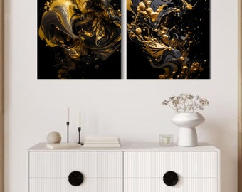 Black and Gold Abstract Texture Wall Art Set (Digital Download)