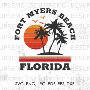 Puede incluir: Un diseño gráfico retro con una puesta de sol, palmeras y el texto "Fort Myers Beach Florida".