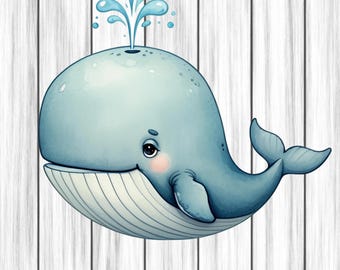 Whale Animal Clipart, Nursery Art, Animal Clipart, Cute Watercolor Animal, Whale Png, Digital Download