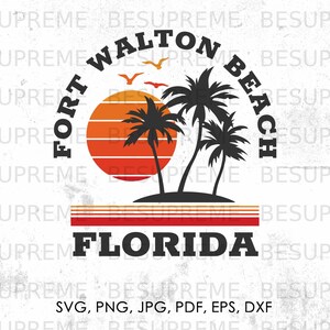 May include: A retro-style graphic design featuring the text "Fort Walton Beach Florida" in a circular design with a sunset and palm trees.